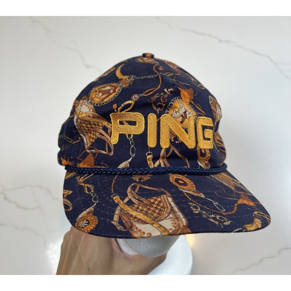 Ping Golf Hat 90s Navy Equestrian Print Leather Strapback Made in USA Vintage